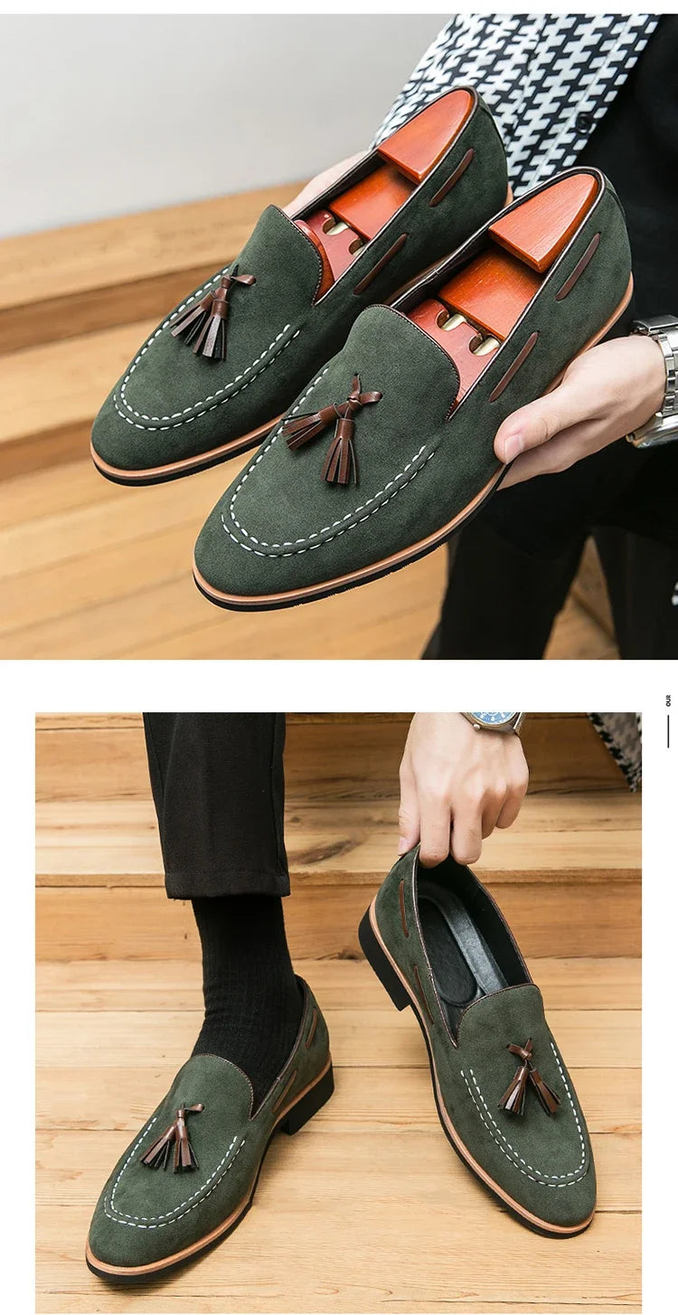 British Style Tassel Loafers Man Quality Suede Leather Shoes For Man Luxury Pointed Elegant Gentleman's Shoes chaussures homme