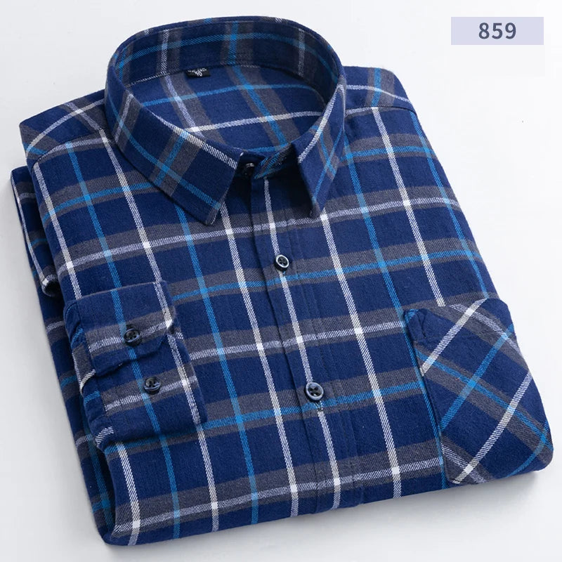 Cotton Flannel Mens Checkered Shirts Long Sleeve Soft Plaid Shirt for Men Leisure Classical Vintage Comfortable Man Clothing New