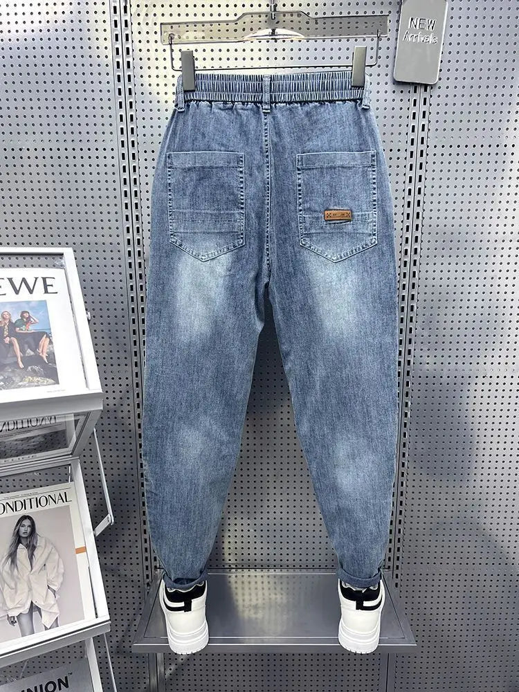 New Men's Loose Harem Jeans Elastic Waistband Slim Straight Leg Pants for Spring Autumn Low Rise Bottom Person Denim Trousers