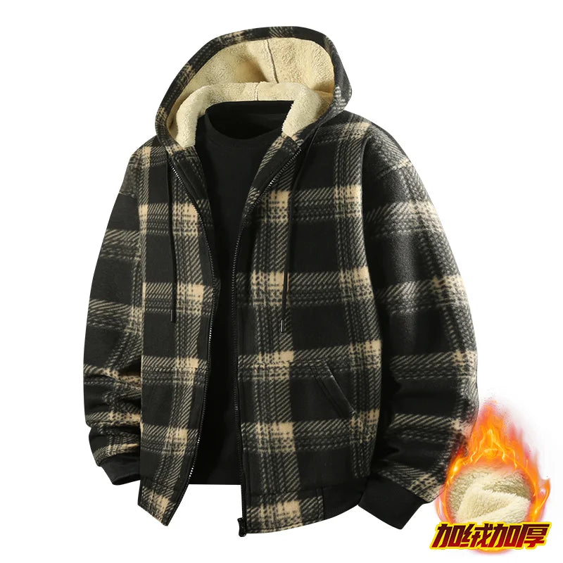 Men's New Plaid Hooded Jacket Sweater Autumn/Winter Fleece Coat Thickened Warm Casual Clothing Windproof Outerwear