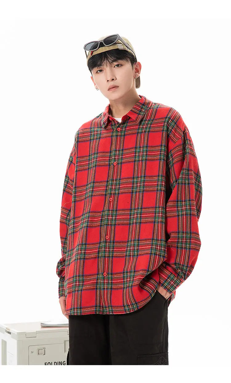 Plaid Shirt with Long Sleeves, Loose Fit, for Casual Men, Harajuku Style, Spring and Autumn Brushed Cotton Shirt.Oversized