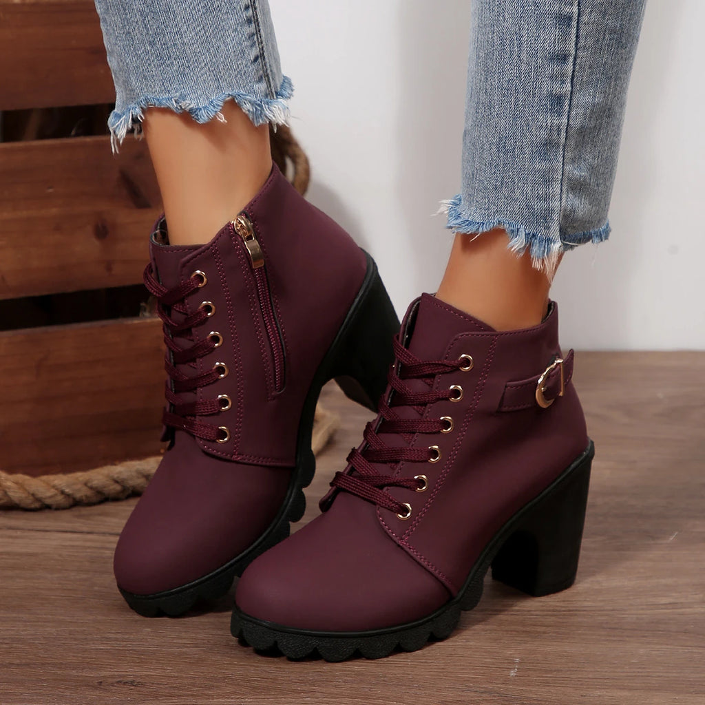 2025 Women High Heel Ankle Boots Autumn Lace Up Comfortable Short Boots Retro Fashion New Trend Lady Shoes Women Botas De Mujer