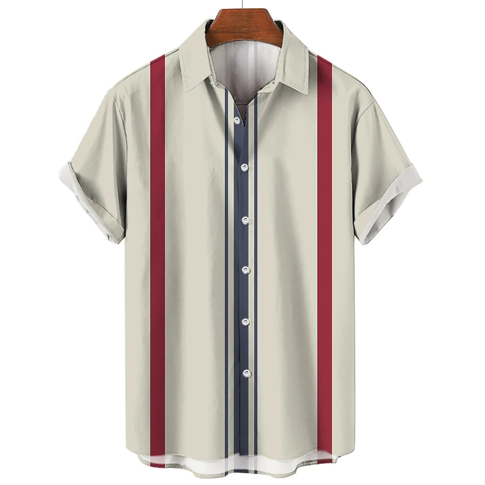 Men's Hawaiian Shirt Summer Stripes Print Short Sleeve Top Tees Fashion Casual Social Shirts Lapel Button Oversized Men Clothing