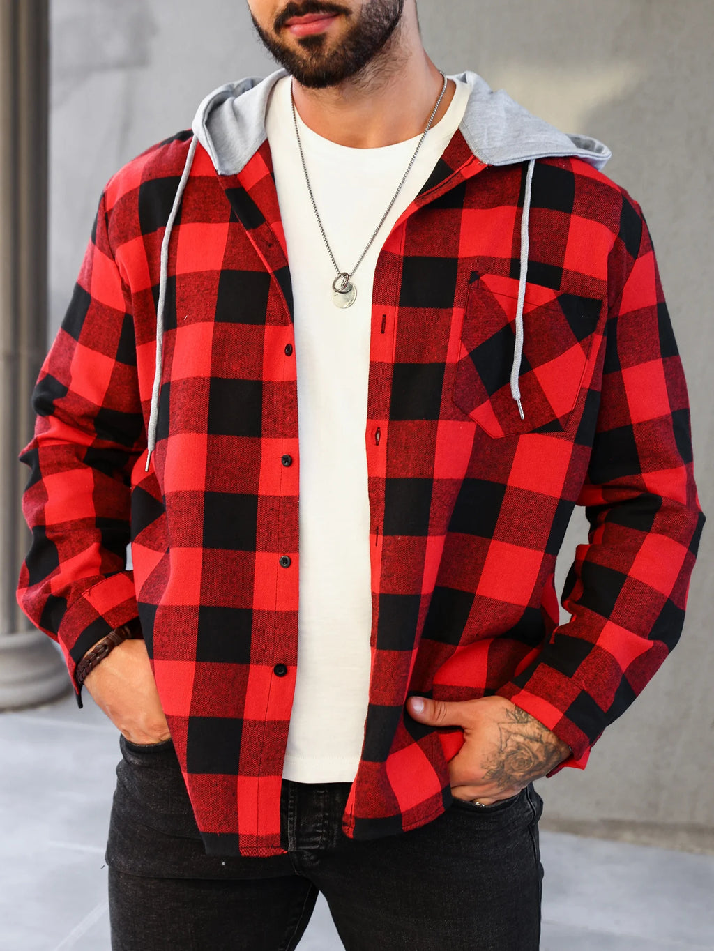 Mens Colorful Plaid Hooded Cardigan Color Block Sweatshirt with Pockets Top Jacket