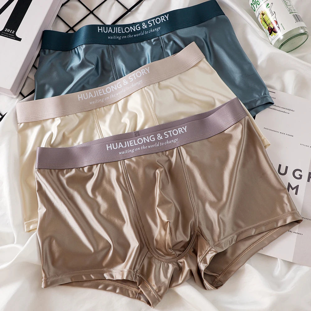 3PCS/Pack Luxury Ice Silk Satin-like Boxers Summer Smooth Cool Solid Men's Underpants Breathable Mesh Crotch Panties Underwear