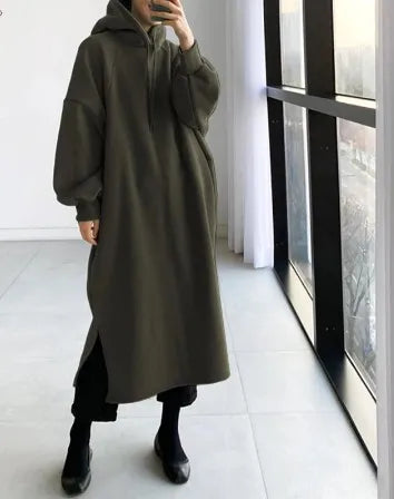 2025 Thicken Autumn Winter Women Oversized Hoodie Long Dress Solid Fashion Long Sleeve Female Clothing Casual Loose New Dresses