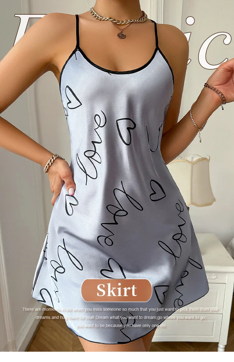 Heart Letter Print Nightdress Casual Round Neck Spaghetti Strap Sleep Dress Women's Sleepwear Dresses
