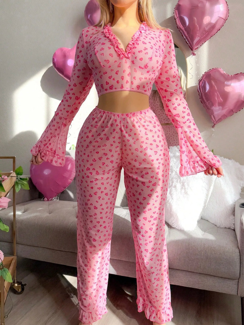 Sexy Lingerie Suit for Women Valentine's Day Passion Uniform Love Print Long-sleeved Trousers Pajamas Set Perspective