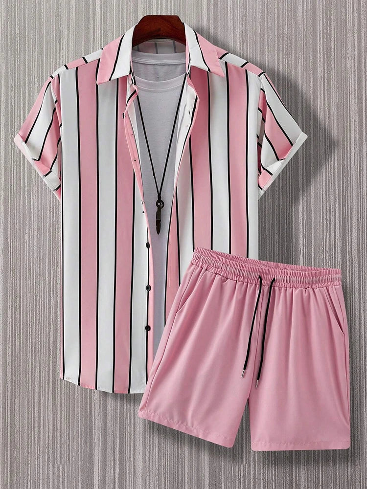 2025 New Men's Hawaii Beach Casual Suit Single Breasted Short Sleeve Shirt And Shorts Summer Vacation Travel Striped Suit