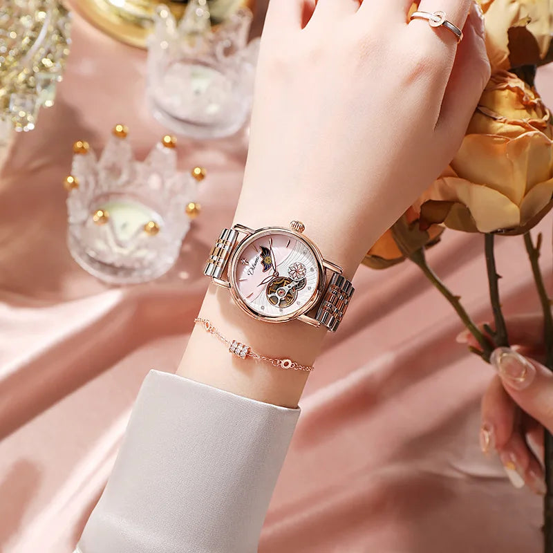 Rotatable Flowers Female Watch Women Top Brand Luxury Fashion Moon Phase Waterproof Lady Automatic Mechanical Watches Reloj