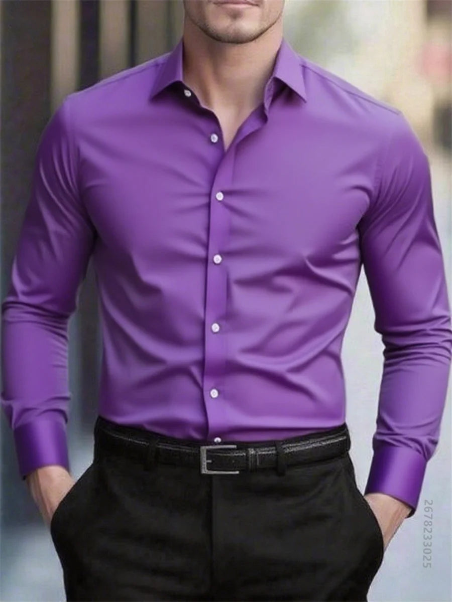 High quality men's solid color long sleeve business shirt, no need to iron, high quality social dress formal casual two use