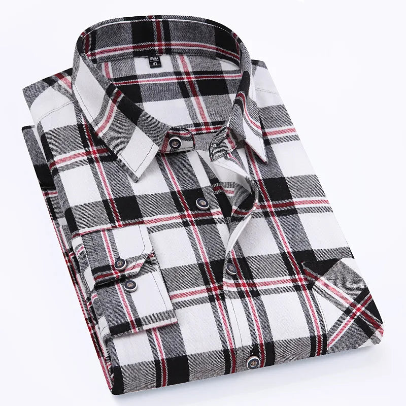 Men's 100% Pure Cotton Flannel Soft Regular-fit Long Sleeve Brushed Shirt Single Pocket Comfortable Casual Plaid Shirts 11XL-9XL