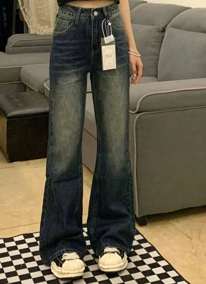 Retro Micro Denim Pants Women Jeans Straight Fit Spring-autumn Style Pear-shaped Figure Large Size High Waist Slimming Effect