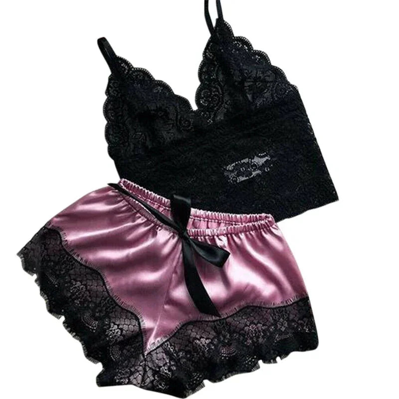 Sexy Womens Lace Sleepwear Lace Nachtkleding Lingerie Sleeveless V-Neck Babydoll Pajamas Set Lingerie Tops Shorts Set Nightwear