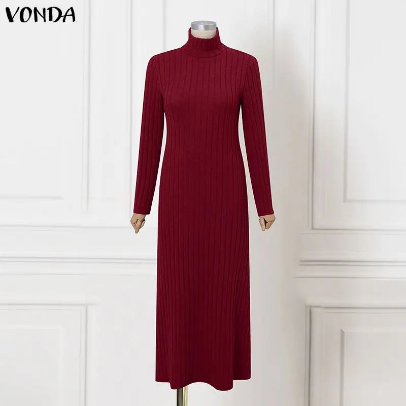VONDA Women Turtleneck Sweater Dresses Autumn Long Sleeve Knitted Maxi Vestidos Elegant Office Streetwear Solid Party Robe Femme