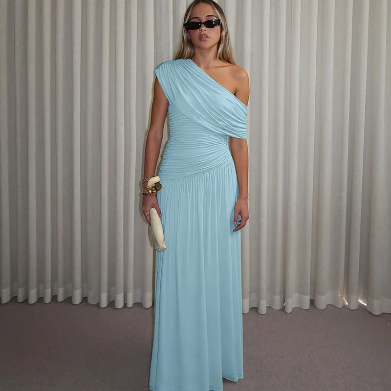 Hugcitar One Shoulder Ruched Sleeveless Solid Pleated Sexy Irregular Y2K Maxi Dress Summer Elegant Party Women Clothes Vacation
