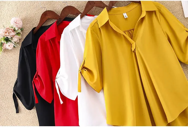 Women's Slimming Chiffon Top 2024 Summer New Style Medium-Length Short Sleeves Plus Size Loose-Fit Waist-Fitted Shirt