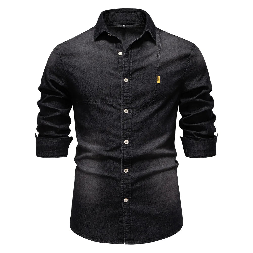 Men's casual solid - color long - sleeve denim shirt, a fashionable and versatile breathable cotton coat.