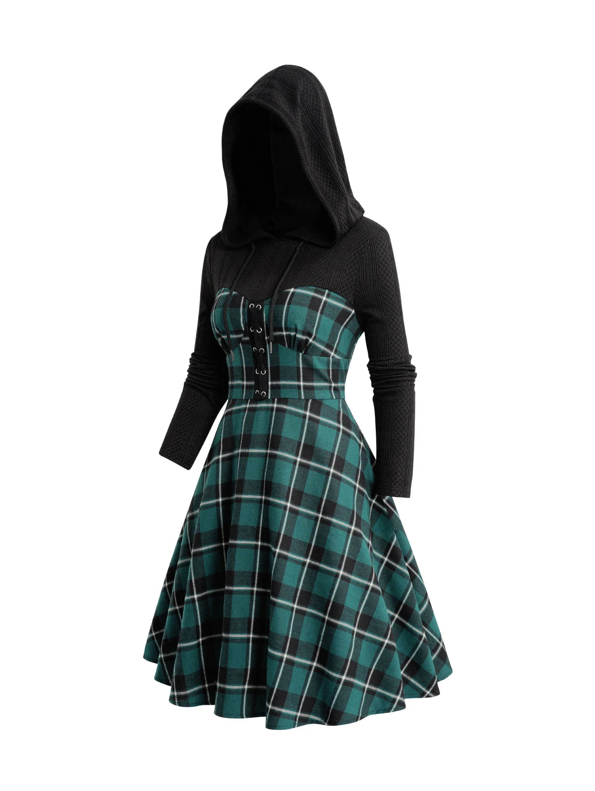 Dressfo 2024 Womens Christmas Dress Plaid Print Drawstring Grommet Buckle Textured Colorblock Hooded Long Sleeve Dress