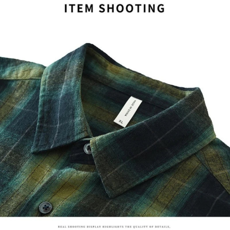 Oversized 100% Cotton Men's Plaid Shirt, Japanese Casual Style, Green Coffee Check Camping Fishing