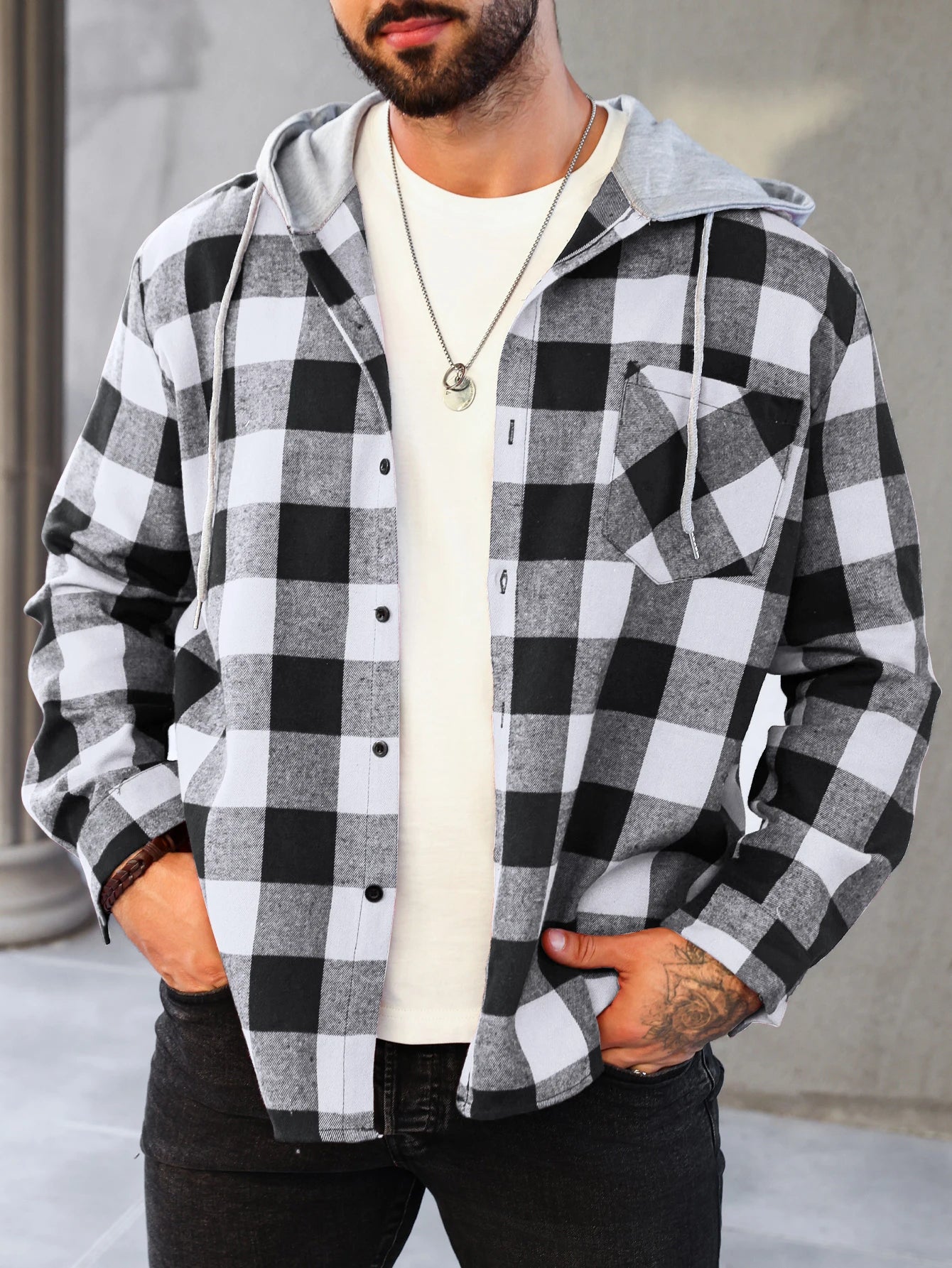 Mens Colorful Plaid Hooded Cardigan Color Block Sweatshirt with Pockets Top Jacket