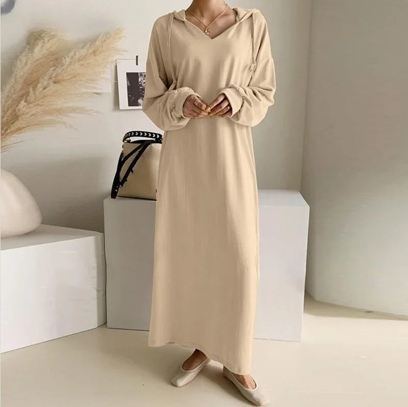 Autumn Women's Dress 2024 New Fashion Simple Retro Hooded Dress Sweatshirt Winter Long Sleeve Pocket Solid Hooded Robe