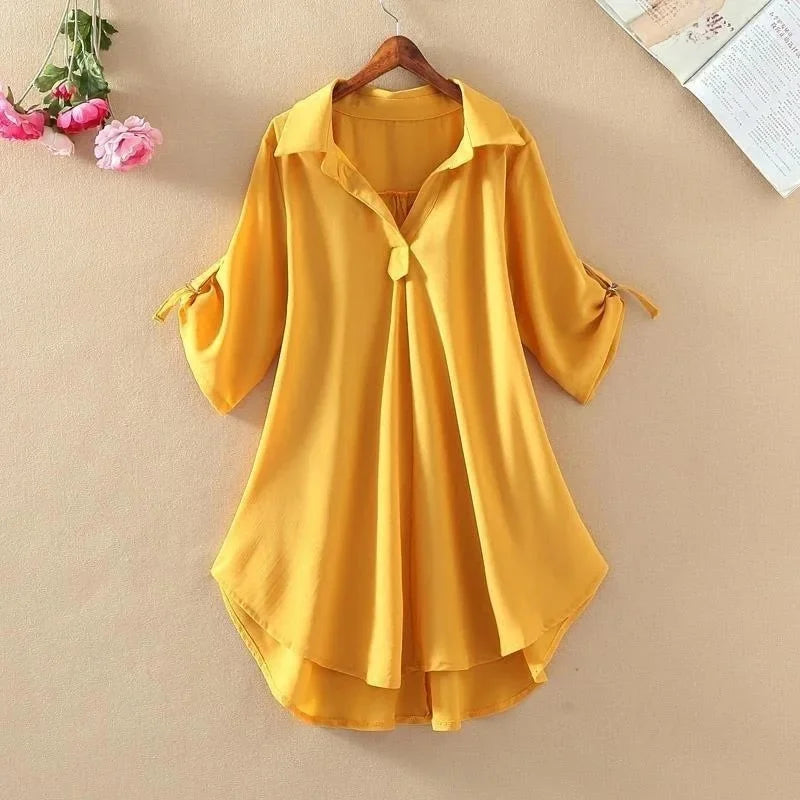 Women's Slimming Chiffon Top 2024 Summer New Style Medium-Length Short Sleeves Plus Size Loose-Fit Waist-Fitted Shirt