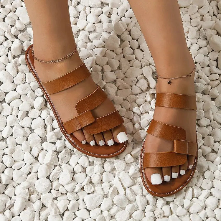Women's Solid Color Slides, Lightweight Flat Slip On Walking Slides, Comfort Beach Slides