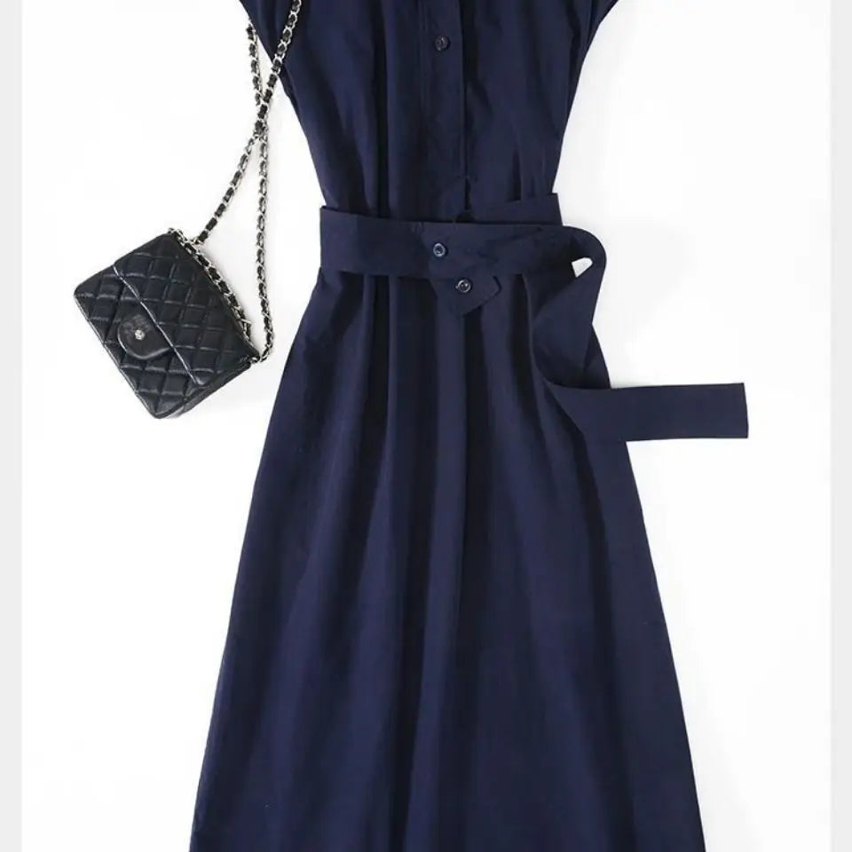 Summer New Elegant Fashion Polo-neck Shirring Waist A-line Dresses Ladies Short Sleeve Temperament Simple Dress Robe Vestidos