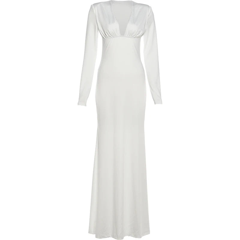 Nibber Sexy Low-Neck Maxi Dress Shoulder Pads Skinny Solid Long Sleeve Elasticity Prom Party Simple Classic Elegant Vestidos