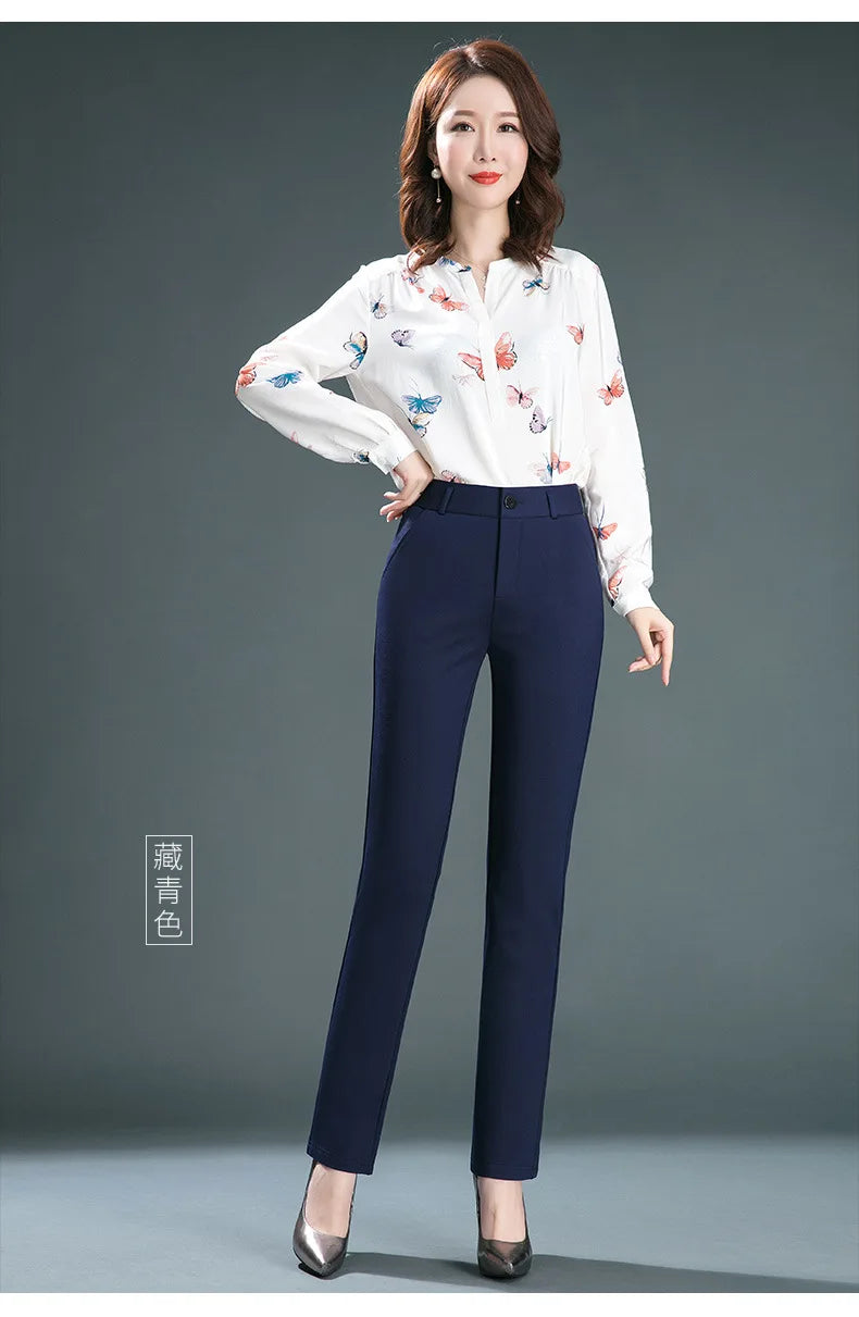 Stretch High Waist Trousers Women's Fashion Casual Pants Black Khaki Navy Blue Slacks Women Pantalones