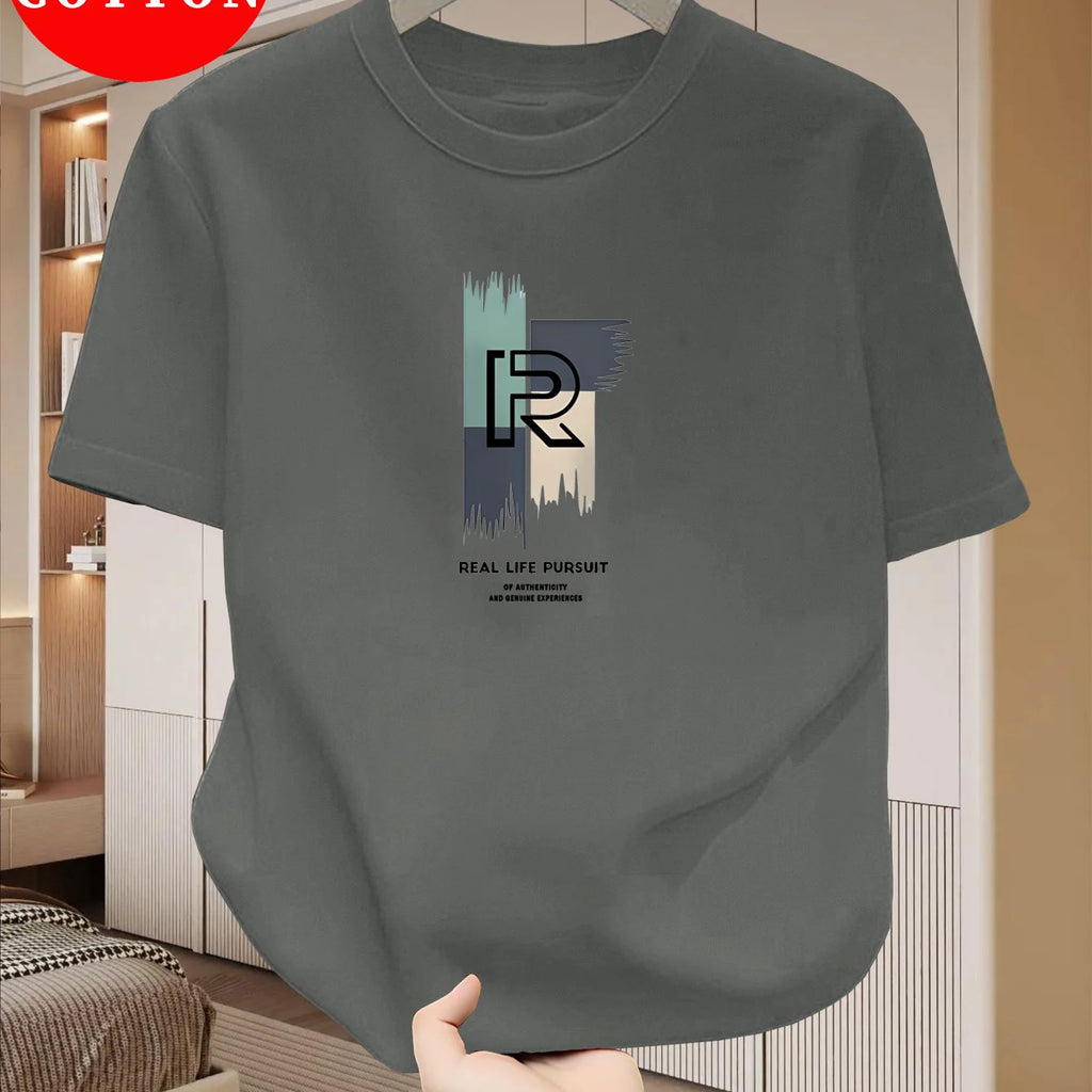 Men's 100% pure cotton casual loose modern abstract letter and "at time" pattern printed round neck short sleeved T-shirt top