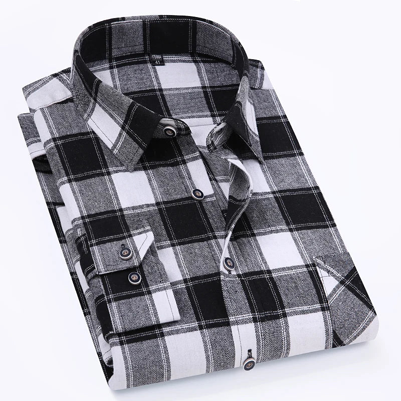 Men's 100% Pure Cotton Flannel Soft Regular-fit Long Sleeve Brushed Shirt Single Pocket Comfortable Casual Plaid Shirts 11XL-9XL