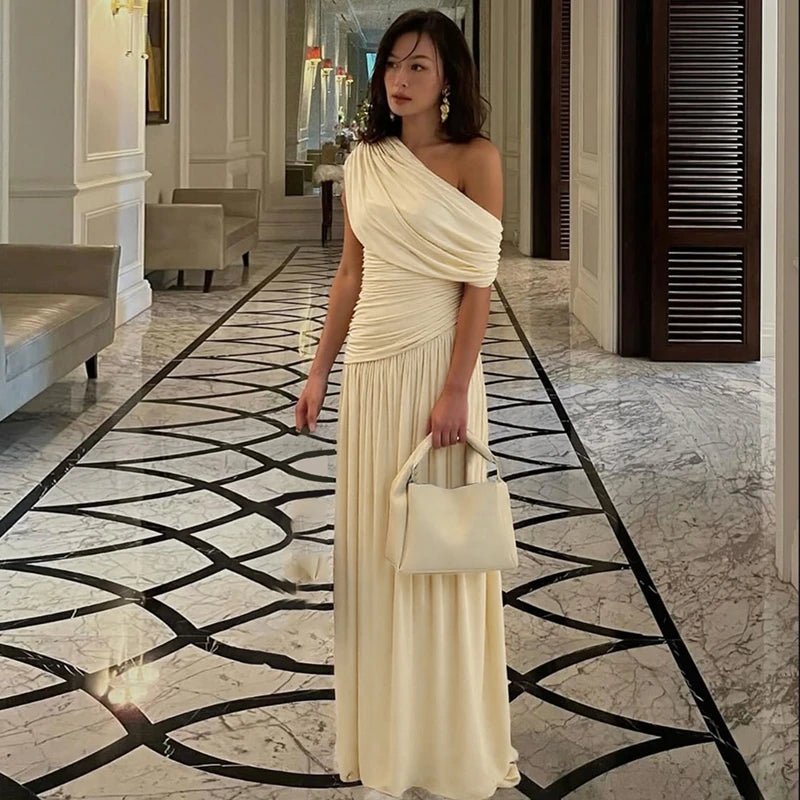 Hugcitar One Shoulder Ruched Sleeveless Solid Pleated Sexy Irregular Y2K Maxi Dress Summer Elegant Party Women Clothes Vacation