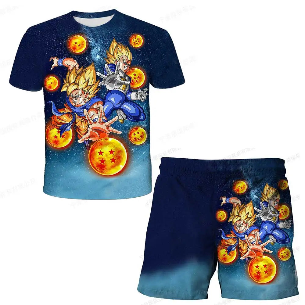Japanese cartoon Dragon Ball Z T-shirt children's top T-shirt shorts two-piece set for summer boys T-shirt+shorts beach pants