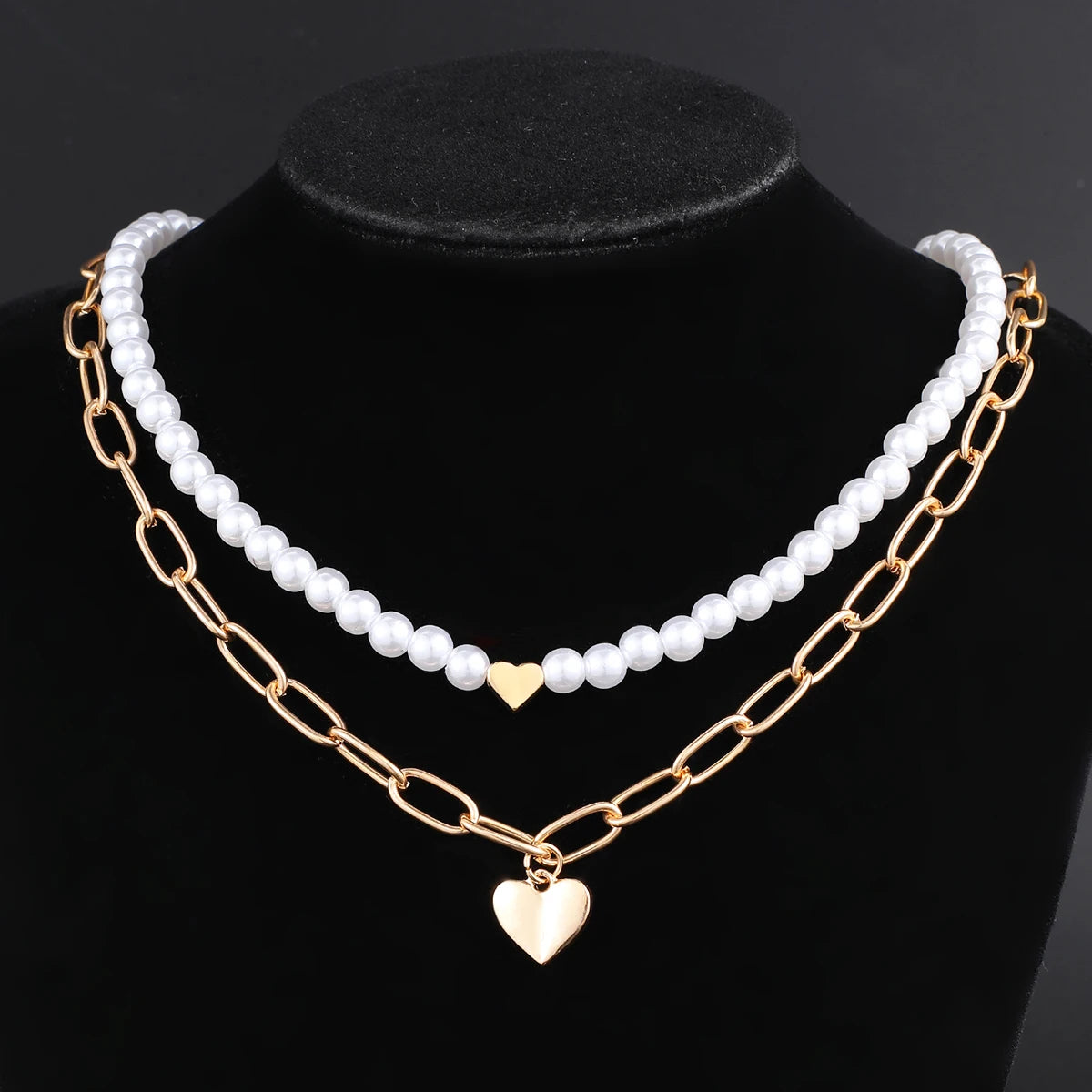 2 Pcs/Set Punk Gold Color Heart Pendant Necklace for Women Fashion Pearl Beaded Chain Choker Necklace Y2K Jewelry Gifts 2026 New