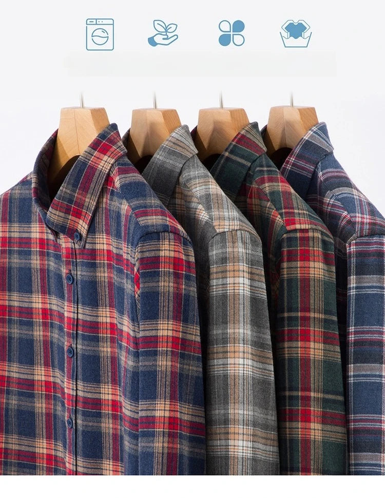 100% Cotton Flannel Shirt Men's, Plaid Casual Jacket, Anti-Wrinkle, Multi-Color Gold Quality Long-Staple Cotton M-4XL
