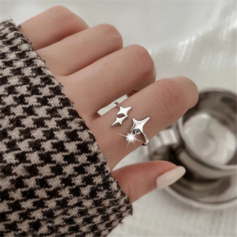 Kpop Retro Gothic Silver Color Heart Metal Ring For Women Girls Vintage Y2k Crystal Open Rings Punk Geometry Rings Party Jewelry