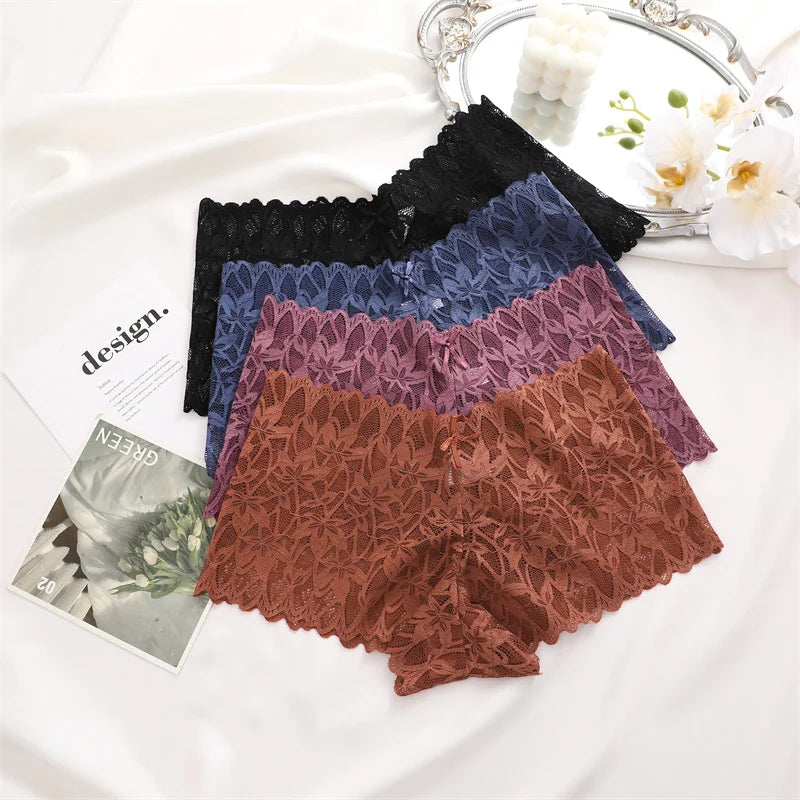 4PCS Women Floral Lace Panties Sexy Perspective Underwear V Waist Solid Color Underpants Female Breathable Intimates Lingerie
