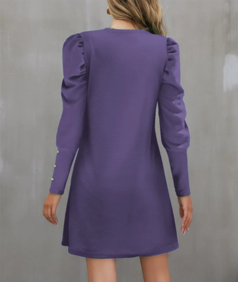 2025 Spring and Autumn New Round Neck Bubble Sleeve Button Decorative Long Sleeve Dress