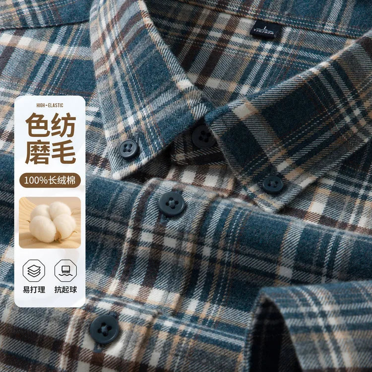 100% Cotton Flannel Shirt Men's, Plaid Casual Jacket, Anti-Wrinkle, Multi-Color Gold Quality Long-Staple Cotton S-4XL