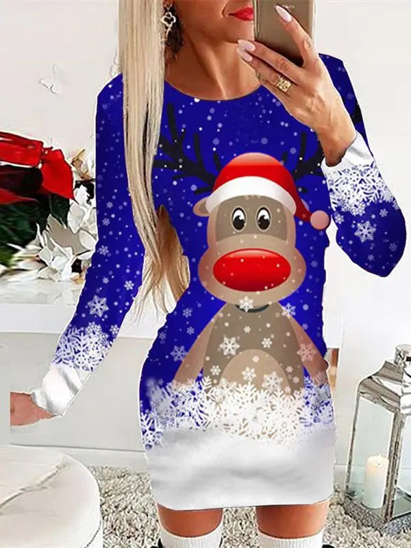 Black White Snowflake Deer Pattern Women's Dress Autumn Winter Sext Long Sleeve Bodycon Mini Dress Elegant Red Christmas Dresses
