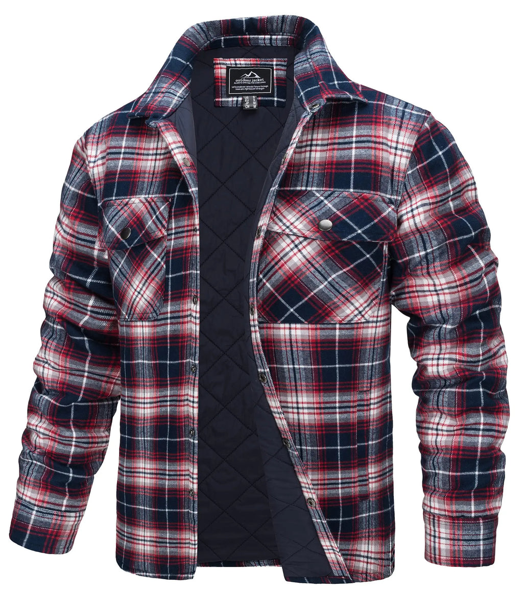 TACVASEN Winter Plaid Cotton Jackets Mens Long Sleeve Quilted Lined Flannel Shirt Jacket Multi-Pockets Outwear Hiking Coats Tops