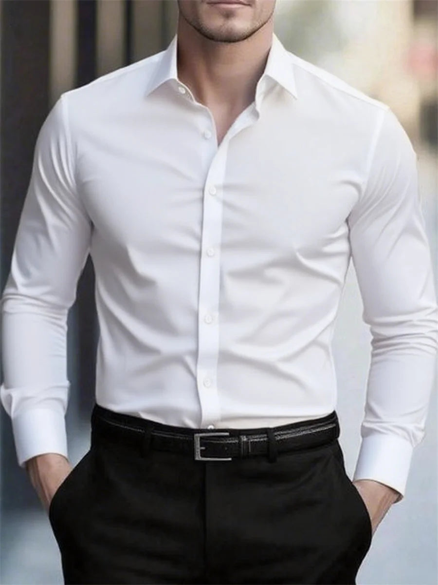 High quality men's solid color long sleeve business shirt, no need to iron, high quality social dress formal casual two use
