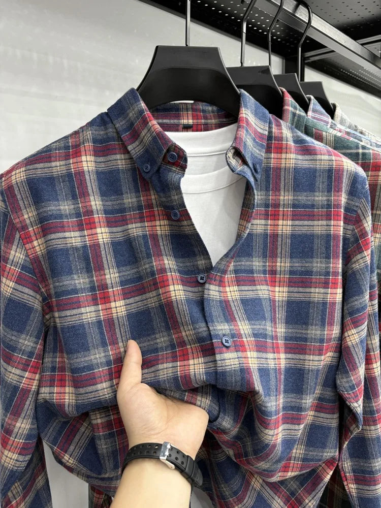 New 2025 Men's Long Sleeve Cotton Shirt Fleece Business Casual Easy Care Youth Outerwear Top Polyester Fiber Cool Sensation