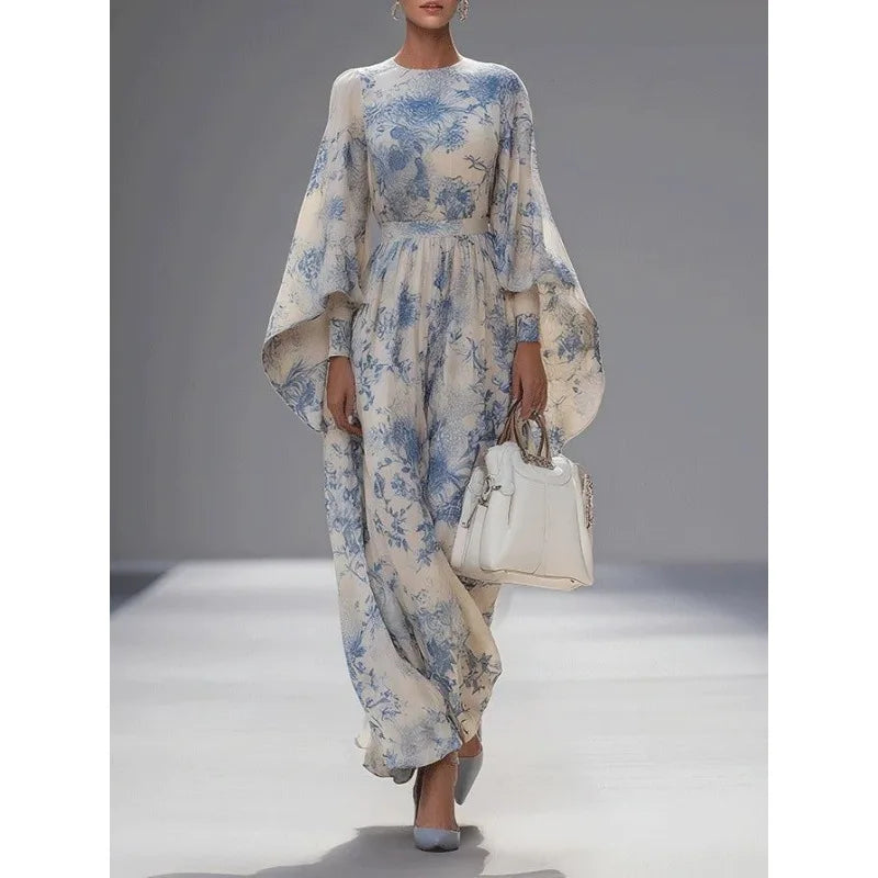 Tinaa Sky Blue Flower Print Long Dresses for Women 2026 Spring Summer New Loose Fit Batwing Sleeve O Neck Elegant Dress 196197