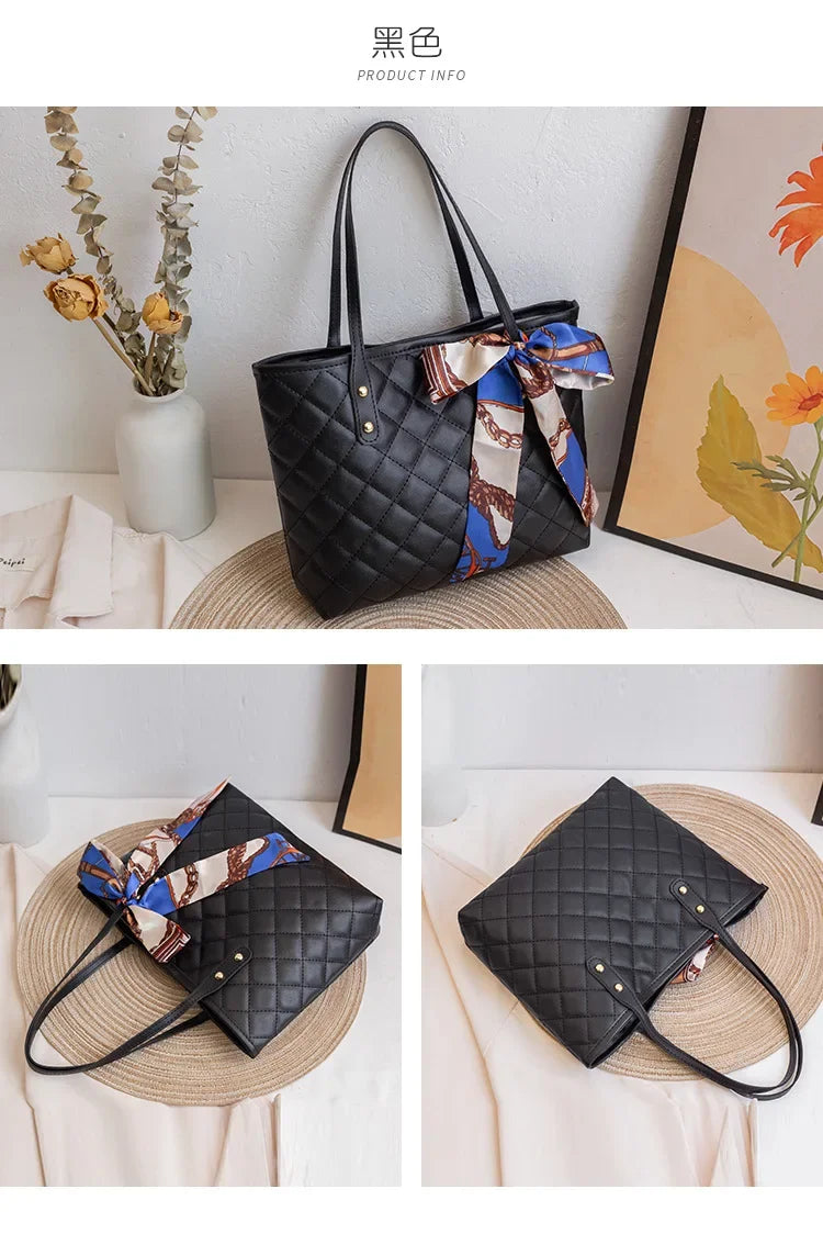 Embroidered Women's Handbag PU Leather Large Capacity Bucket Bag Fashion Beach Tote with Silk Scarf Gift Elegant Daily Use Purse
