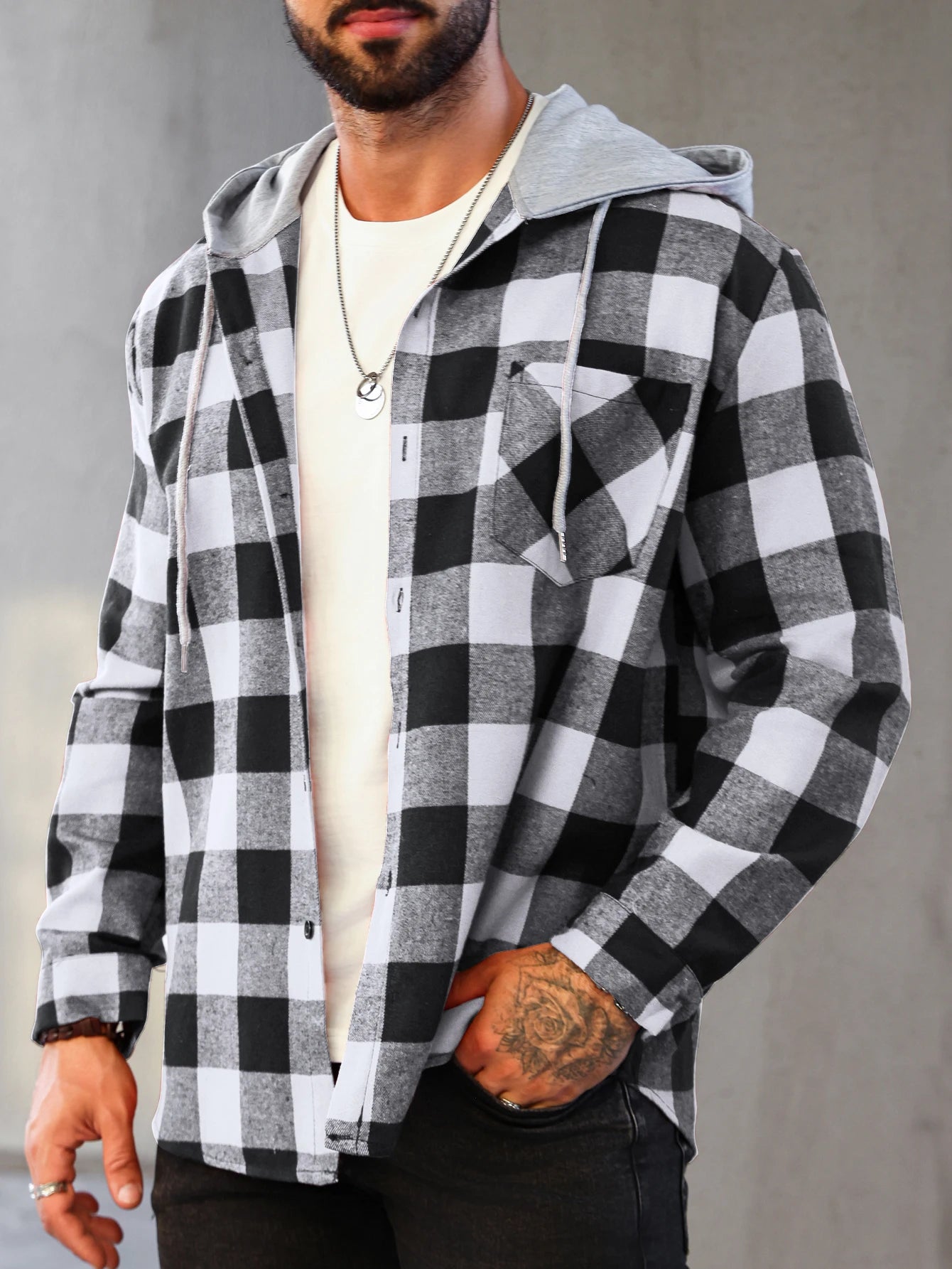 Mens Colorful Plaid Hooded Cardigan Color Block Sweatshirt with Pockets Top Jacket