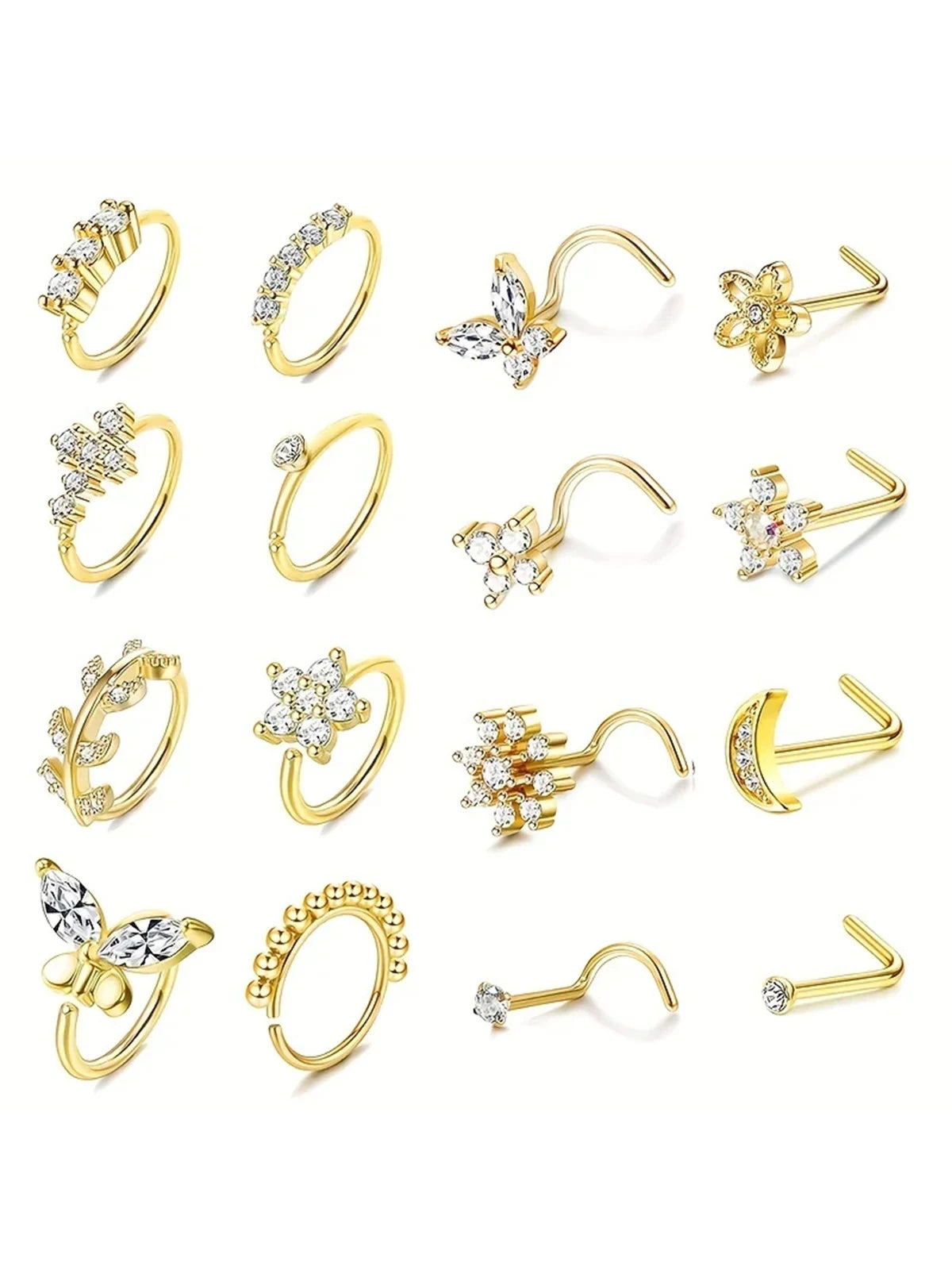 16Pcs 20G Flower Butterfly Nose Rings Hoops,Inlaid Shiny Zircon Nose Screw Nose Body Piercing Jewelry Decoration