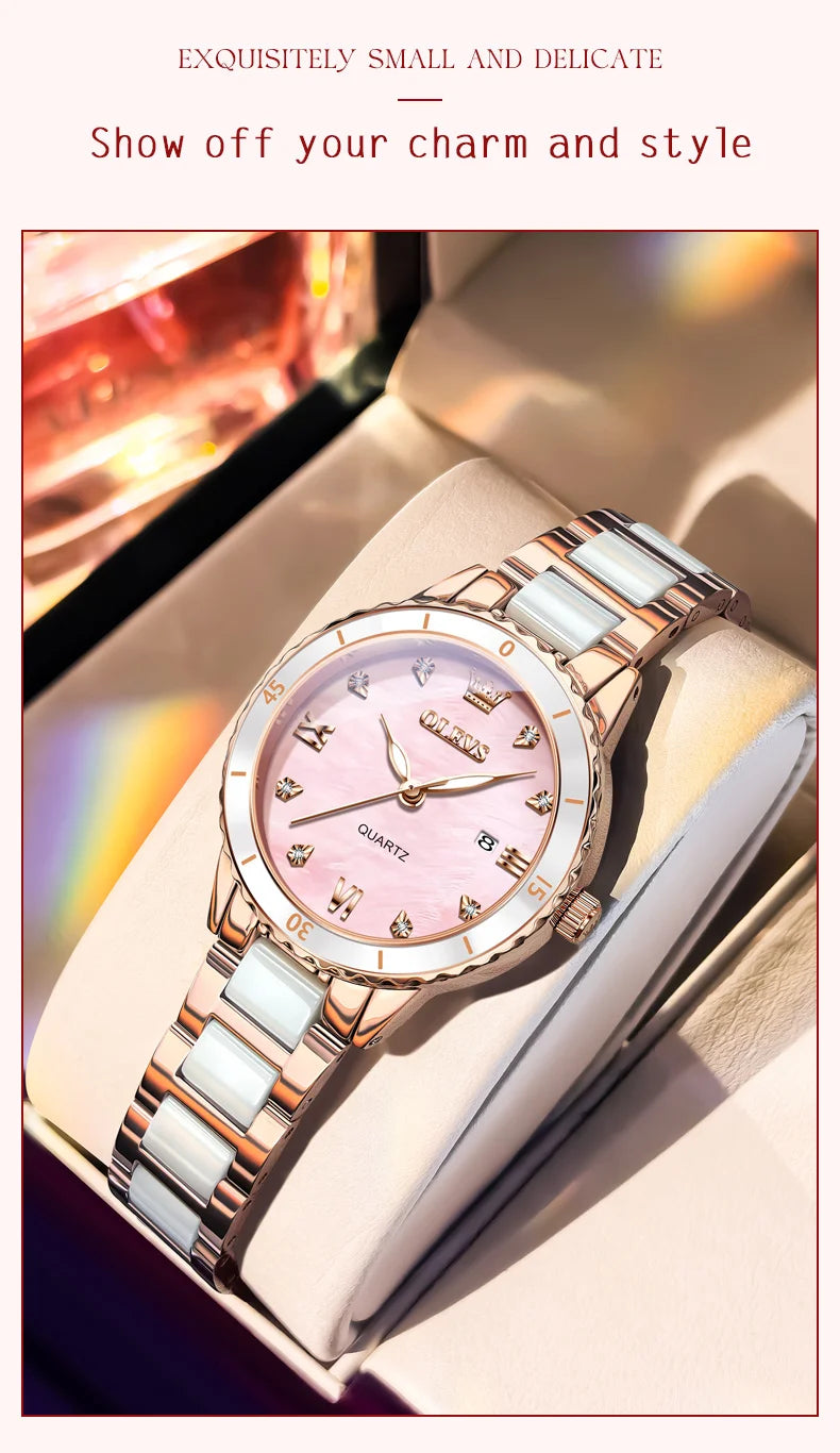 OLEVS Women Watch Diamond Roman Scale Waterproof Calendar Elegant Quartz Watches Ceramic Strap Luxury Original Girls Watch 9985